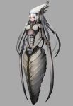  +_+ 1girl anderhorlo claws commentary_request extra_arms frown full_body grey_background highres long_hair monster_girl original own_hands_together solo spine very_long_hair white_hair yellow_eyes 
