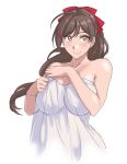  1girl bare_shoulders brown_hair collarbone commentary_request covered_nipples cropped_torso hair_ornament hairclip highres kantai_collection long_hair looking_at_viewer mamiya_(kantai_collection) red_eyes red_ribbon ribbon solo sozan towel upper_body white_towel 