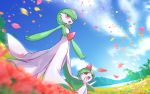  :d cloud commentary_request day flower from_below gardevoir gen_3_pokemon kakuzatou_(boxxxsugar) no_humans open_mouth outdoors outstretched_arms petals pink_eyes pokemon pokemon_(creature) ralts size_difference sky smile sparkle tongue 