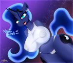  2020 anthro big_breasts breasts clothing cosmic_hair dialogue digital_media_(artwork) equid ethereal_hair female friendship_is_magic hasbro horn huge_breasts looking_at_viewer mammal my_little_pony n0nnny princess_luna_(mlp) pseudo_hair solo winged_unicorn wings 