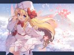  1girl :d baku-p blonde_hair blue_eyes bow bowtie day dress fairy_wings floating_hair flower hat highres letterboxed lily_white long_hair long_sleeves looking_at_viewer mountain open_mouth outdoors pink_flower red_neckwear sash smile solo spring_(season) touhou very_long_hair white_dress white_headwear wide_sleeves wind wings 