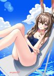  1girl absurdres amiya_(arknights) animal_ears arknights artist_name bangs bare_legs blue_eyes blue_sky blue_swimsuit blush breasts brown_hair bunny_ears cleavage cloud commentary day feet_out_of_frame hair_between_eyes hand_up highres knees_up long_hair looking_at_viewer medium_breasts one-piece_swimsuit outdoors parted_lips sitting sky solo strapless strapless_swimsuit swimsuit team_moka thighs water 