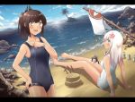  3girls ahoge any_(lucky_denver_mint) ass bangs bare_arms bare_legs bare_shoulders barefoot beach blue_sky blush bracelet breasts brown_eyes brown_hair cloud collarbone commentary_request day eyebrows_visible_through_hair fairy_(kantai_collection) flower hair_flower hair_ornament hairclip hand_on_hip horizon i-401_(kantai_collection) jewelry kantai_collection long_hair looking_at_viewer multiple_girls ocean one-piece_swimsuit one-piece_tan open_mouth orange_sailor_collar outdoors palm_tree ponytail revision ro-500_(kantai_collection) rock sailor_collar sand school_swimsuit short_hair short_ponytail side-tie_shirt sitting sky smile standing swimsuit tan tanline tree water 