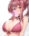  1girl azur_lane bangs bare_shoulders bikini black_choker breasts bremerton_(azur_lane) chewing_gum choker cleavage commentary_request eyebrows_visible_through_hair front-tie_top hair_between_eyes highres large_breasts looking_at_viewer multicolored_hair pink_bikini pink_eyes pink_hair shirazawa streaked_hair swimsuit twintails underboob 
