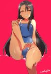  1girl absurdres black_hair blue_swimsuit blush brown_eyes ear_clip feet flat_chest grin hair_ornament hairclip highres ijiranaide_nagatoro-san invisible_chair leg_up long_hair looking_at_viewer nagatoro_hayase naughty_face nebaneba one-piece_swimsuit pink_hair pov_feet school_swimsuit sitting smile solo suggestive_fluid swimsuit toes 