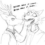 1:1 anthro antlers beastars canid canine canis cervid dialogue duo hand_in_mouth hi_res hladilnik horn legoshi_(beastars) louis_(beastars) male male/male mammal monochrome sharp_teeth sketch teeth wolf 