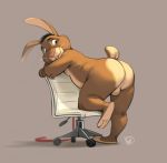  anthro backsack balls belly butt chair furniture furrybob genitals grey_background lagomorph leporid looking_back male mammal presenting presenting_hindquarters rabbit rear_view signature simple_background slightly_chubby smile solo whiskers 