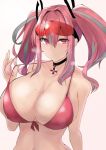  1girl absurdres azur_lane bangs bare_shoulders bikini bikini_pull black_choker blush breasts bremerton_(azur_lane) choker cleavage collarbone commentary_request eyebrows_visible_through_hair eyewear_on_head front-tie_bikini front-tie_top grey_hair hair_between_eyes hair_intakes hair_ornament highres huge_filesize large_breasts lifebuoy long_hair looking_at_viewer midriff mole mole_on_breast multicolored_hair navel negi_(sakuyaizayoi1029) pink_bikini pink_eyes pink_hair red-tinted_eyewear sidelocks simple_background smile solo standing streaked_hair sunglasses swimsuit twintails two-tone_hair upper_body visible_air 