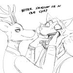  1:1 anthro antlers beastars bodily_fluids canid canine canis cervid dialogue duo hand_in_mouth hi_res hladilnik horn legoshi_(beastars) louis_(beastars) male male/male mammal monochrome seductive sharp_teeth sketch sweat teeth tongue wolf 