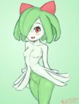  2_horns blush breasts cute_face dark_pupils edit eyelashes featureless_breasts featureless_crotch female ferretlord87 front_view green_background green_body green_hair green_skin hair hi_res horn humanoid iris kirlia looking_at_viewer multicolored_body multicolored_skin nintendo nude one_eye_obstructed open_mouth open_smile pink_tongue pok&eacute;mon pok&eacute;mon_(species) portrait pseudo_clothing pupils red_eyes red_horn red_pupils signature simple_background slim small_breasts smile solo teeth thin_eyebrows three-quarter_portrait three-quarter_view tongue two_tone_body two_tone_skin video_games white_body white_skin 