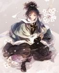  1boy black_hair blue_eyes branch cherry_blossoms hakama haori highres japanese_clothes katana male_focus mole mole_under_eye one_knee petals ponytail ready_to_draw sandals scarf sheath sheathed shinsengumi smile suzuneko-rin sword tabi touken_ranbu weapon white_scarf yamato-no-kami_yasusada 