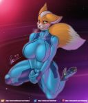  anthro bantar2 big_breasts big_butt blush breasts butt canid canine clothed clothing digital_media_(artwork) female fox fox_mccloud fur genitals hair hi_res mammal metroid nintendo simple_background solo star_fox video_games zero_suit zerosuit 