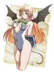  1girl absurdres bangs bat_wings book bow breasts center_opening character_request copyright_request covered_navel green_bow green_eyes highleg highleg_swimsuit highres looking_at_viewer medium_breasts one-piece_swimsuit pointy_ears solo swimsuit unzipped wings yasu_(pixiv) zipper 
