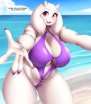  anthro beach big_breasts blush boss_monster bovid breasts camel_toe caprine cleavage clothed clothing curvy_figure dialogue english_text female fur horn looking_at_viewer mammal mature_female mleonheart one-piece_swimsuit open_mouth red_eyes seaside slightly_chubby solo speech_bubble swimwear text thick_thighs toriel undertale video_games voluptuous white_body white_fur wide_hips 