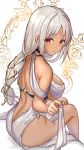  1girl ass azur_lane back bangs bare_shoulders blush body_markings breasts cocktail_dress dark_skin dress evening_gown facial_mark forehead_mark halter_dress large_breasts long_hair looking_at_viewer looking_back massachusetts_(azur_lane) massachusetts_(dressed_to_impress)_(azur_lane) native_american orange_eyes sitting thighs white_dress white_hair yoruhachi 