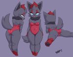  anthro blasticussaturn blue_eyes breasts bunny_costume butt camel_toe cleavage clothed clothing costume female hi_res looking_at_viewer lying nintendo on_front open_mouth pawpads pok&eacute;mon pok&eacute;mon_(species) simple_background smile solo spread_legs spreading standing thick_thighs video_games zorua 