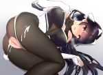  1girl after_sex after_vaginal ass azur_lane bangs bare_shoulders black_hair black_legwear black_leotard blush bow breasts cleavage cleavage_cutout cum cum_in_pussy cumdrip elbow_gloves gloves hair_bow hair_flaps leotard long_hair looking_at_viewer lying on_side ooshima_aki open_mouth pantyhose ponytail pussy race_queen takao_(azur_lane) takao_(full_throttle_charmer)_(azur_lane) thighs two-tone_leotard white_bow white_gloves white_leotard yellow_eyes 