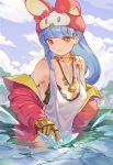  1girl blue_hair breasts gloves hat ice jewelry kula_diamond long_hair looking_at_viewer medium_breasts necklace purple_eyes scarf shopp smile tank_top the_king_of_fighters water 