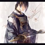  1boy black_gloves blue_hair branch cherry_blossoms closed_eyes gloves highres japanese_clothes kariginu katana letterboxed male_focus mikazuki_munechika sayagata smile suzuneko-rin sword touken_ranbu weapon 