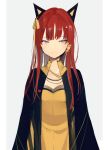  1girl animal_ears black_jacket blue_eyes blush cat_ears closed_mouth commentary dress grey_background hair_ribbon heart jacket looking_at_viewer lpip open_clothes open_jacket original red_hair ribbon simple_background smile solo symbol_commentary upper_body yellow_dress yellow_ribbon 
