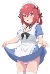  1girl apron bangs bat_hair_ornament black_ribbon blue_dress breasts cleavage dress dress_lift eyebrows_visible_through_hair foreshortening frilled_apron frills gabriel_dropout hair_between_eyes hair_ornament hair_ribbon hair_rings hands_up highres kurumizawa_satanichia_mcdowell large_breasts lifted_by_self looking_at_viewer maid_headdress neck_ribbon nyaroon open_mouth panties pink_eyes raised_eyebrows red_hair ribbon shiny shiny_hair shiny_skin short_sleeves simple_background solo standing striped striped_panties sweatdrop thighhighs thighs underwear white_apron white_background white_legwear 