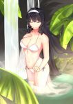  1girl bikini black_hair breasts cleavage closed_eyes collarbone girls_frontline hairband hand_on_breast hsubo long_hair medium_breasts navel qbz-95_(girls_frontline) smile solo stomach swimsuit thighs white_bikini white_swimsuit 