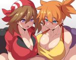  2girls ass bandana bangs bare_shoulders black_shorts blue_eyes blue_shorts blush breasts brown_hair cleavage closed_mouth collarbone gym_leader hair_between_eyes haruka_(pokemon) kasumi_(pokemon) konno_tohiro large_breasts leaning_forward long_hair multiple_girls open_mouth orange_hair pokemon pokemon_(anime) pokemon_(classic_anime) pokemon_(game) pokemon_rse purple_eyes red_bandana red_shirt shirt short_sleeves shorts side_ponytail sidelocks sleeveless sleeveless_shirt smile yellow_shirt 