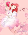  1girl 2020 bangs belt bouquet closed_mouth dated dress flower from_side full_body hair_between_eyes highres holding holding_bouquet kneehighs long_hair love_live! love_live!_school_idol_project nishikino_maki pink_eyes red_flower red_footwear red_hair sailor_collar shiny shiny_hair short_dress smile solo sundress swept_bangs urutsu_sahari white_belt white_dress white_legwear white_sailor_collar 