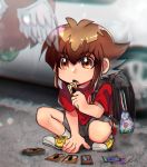  1boy backpack bag bangs blurry blurry_background brown_eyes brown_hair card day eyebrows_visible_through_hair feathered_wings full_body grey_shorts hair_between_eyes holding holding_card kuriboh male_focus medium_hair multicolored_hair open_mouth outdoors red_shirt shiny shiny_hair shirt shoes short_shorts short_sleeves shorts sk816 sneakers solo squatting two-tone_hair white_wings wings younger yuu-gi-ou yuu-gi-ou_gx yuuki_juudai 