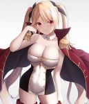  1girl azur_lane blonde_hair breasts cleavage closed_mouth coat cowboy_shot detached_collar dress epaulettes frown high_collar highres jacket_on_shoulders keenh large_breasts long_hair long_sleeves looking_at_viewer nelson_(azur_lane) open_clothes open_coat red_coat red_eyes skindentation sleeveless sleeveless_dress solo strapless strapless_dress thighhighs tube_dress twintails very_long_hair white_dress zettai_ryouiki 