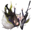  1girl alternate_costume animal_ears arms_up bangs bare_shoulders black_legwear blue_dress blue_hairband breasts bullpup damaged dress drone elbow_gloves falling fingerless_gloves from_side full_body girls_frontline gloves green_eyes grey_hair gun hair_between_eyes hair_ornament hairband jewelry ksvk_(girls_frontline) large_breasts looking_up official_art pandea_work pantyhose rifle ring scope short_hair silver_hair sniper_rifle solo tail thighs torn_clothes torn_dress torn_legwear transparent_background weapon 