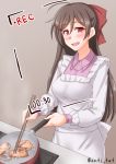  1girl :d anti_(untea9) blush brown_hair chopsticks commentary_request cooking eyebrows_visible_through_hair hair_between_eyes hair_ornament hair_ribbon hairclip highres holding holding_chopsticks holding_frying_pan kantai_collection kappougi long_hair looking_at_viewer mamiya_(kantai_collection) open_mouth purple_background recording red_eyes red_ribbon ribbon simple_background smile solo twitter_username 