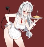  1girl absurdres apron bangs black_tail blush breasts commentary_request demon_girl demon_horns demon_tail detached_collar eyebrows_visible_through_hair food fork frills helltaker highres holding holding_tray horns korean_commentary large_breasts leewh1515 long_hair looking_at_viewer lucifer_(helltaker) maid_apron maid_headdress mole mole_under_eye naked_apron pancake red_neckwear simple_background smile tail tray white_horns wrist_cuffs 