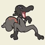  1:1 2020 anthro black_body female flat_chested full-length_portrait genitals hi_res itsunknownanon looking_at_viewer narrowed_eyes nintendo nude open_mouth pok&eacute;mon pok&eacute;mon_(species) portrait pussy salandit scalie sitting solo squint video_games 