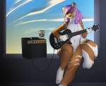 amplifier brown_body brown_fur cloud coffee_cup convenient_censorship female feretta fur guitar hair hi_res hybrid multi_tail musical_instrument nude plucked_string_instrument purple_eyes purple_hair sky string_instrument sunrise tigerfox white_body white_fur window 