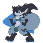  1:1 absurd_res anthro black_body black_ears black_fur black_hair black_tail bulge claws dragon fur furred_dragon genitals grey_body grey_fur grey_tail hair hands_on_hips hi_res kemonoruka_(artist) looking_at_viewer lumikin male penis penis_base pose simple_background solo toe_claws white_background 