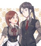  2girls alternate_costume apron bangs black_dress black_eyes black_hair black_vest blunt_ends brown_eyes brown_hair butler commentary dress dress_shirt eizouken_ni_wa_te_wo_dasu_na! enmaided freckles frown glaring grey_shirt hand_on_hip highres kanamori_sayaka long_sleeves looking_at_another maid mizusaki_tsubame multiple_girls neck_ribbon necktie open_mouth ponytail red_neckwear reverse_trap ribbon shirt short_sleeves smile sorimachi-doufu striped striped_shirt swept_bangs vertical-striped_shirt vertical_stripes vest waist_apron white_apron wing_collar 