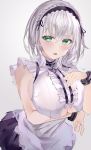  1girl arm_under_breasts azur_lane blue_eyes breasts cosplay dido_(azur_lane) dido_(azur_lane)_(cosplay) grey_hair hand_on_own_chest highres hololive large_breasts maid_dress maid_headdress mile_(off8mile) shirogane_noel short_hair simple_background sleeveless solo underboob_cutout virtual_youtuber 