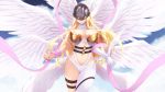  1girl angel angel_wings angewomon asymmetrical_clothes bare_arms bare_shoulders belt blonde_hair breastplate breasts cait cleavage collarbone commentary_request covered_eyes digimon elbow_gloves facing_viewer feathered_wings feathers gloves hagoromo head_wings helmet highres large_breasts long_hair multiple_wings navel navel_cutout o-ring pink_ribbon ribbon shawl single_elbow_glove single_glove single_pantsleg smile solo thigh_strap very_long_hair white_gloves white_wings wings 