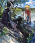  2boys :d black_hair blonde_hair blue_eyes cape day drawr from_behind hidden_face judas_(tales) kyle_dunamis looking_at_another male_focus mask multiple_boys nature nishihara_isao open_mouth outdoors partially_undressed red_shirt shirt short_hair sitting sky smile tales_of_(series) tales_of_destiny_2 translation_request wading water 