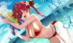  bikini blush breasts cleavage clouds eyepatch flowers gun hololive houshou_marine long_hair navel orange_eyes red_hair satoupote sky swimsuit twintails water weapon wet 