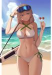  1girl aa-12 aa-12_(girls_frontline) ahoge arm_up bare_arms bare_shoulders beach bikini blue_eyes breasts candy cero_(last2stage) cleavage cloud collarbone cowboy_shot criss-cross_halter day food girls_frontline goggles goggles_on_head grey_hair gun halterneck hand_on_goggles highres holding large_breasts lollipop looking_away looking_to_the_side mouth_hold navel ocean outdoors shotgun side-tie_bikini solo stomach strap swimsuit thighs water weapon white_bikini 