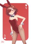  1girl animal_ears black_neckwear bow bowtie breasts brown_hair brown_legwear bunny_ears bunny_girl bunny_tail bunnysuit card_(medium) commentary_request cowboy_shot detached_collar hand_on_hip hibun_tsukasa highres higuchi_madoka idolmaster idolmaster_shiny_colors leaning_forward leotard medium_breasts mole mole_under_eye pantyhose red_eyes red_leotard short_hair signature solo standing strapless strapless_leotard tail wrist_cuffs 