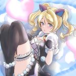  1girl animal_ears ayase_eli bangs bell bell_collar black_gloves black_legwear blonde_hair blue_eyes breasts cat_ears cleavage collar earrings eyebrows_visible_through_hair floating_hair from_above garter_straps gloves hair_between_eyes heart jewelry long_hair looking_at_viewer love_live! love_live!_school_idol_project lying medium_breasts miniskirt on_side open_mouth shiny shiny_hair skirt solo thigh_strap thighhighs twintails urutsu_sahari 