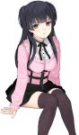  bangs black_hair blunt_bangs breasts brown_eyes collar frilled_collar frills highres idolmaster idolmaster_shiny_colors long_hair looking_at_viewer mayuzumi_fuyuko medium_breasts mibu_natsuki pout sidelocks skirt thighhighs 