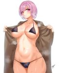  1girl bangs bare_shoulders bikini black_bikini blush breasts brown_coat cleavage closed_mouth coat collarbone fate/grand_order fate_(series) hair_over_one_eye highres kisaragi_(legobionicle23) large_breasts lavender_hair long_sleeves looking_at_viewer mash_kyrielight navel open_clothes open_coat purple_eyes short_hair simple_background steaming_body sweat swimsuit 