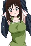  alternate_costume armpits arms_behind_head arms_up black_eyes blush breasts brown_hair collarbone eyebrows_visible_through_hair girls_und_panzer green_tank_top hair_between_eyes highres jacket looking_at_viewer medium_hair megumi_(girls_und_panzer) navy_blue_jacket ooarai_military_uniform open_clothes open_jacket parted_lips simple_background skirt smile tank_top wakku_kan white_background white_skirt 
