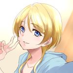  1girl ayase_eli bangs blonde_hair blue_eyes blue_jacket collarbone eyebrows_visible_through_hair grin hair_between_eyes hood hood_down hooded_jacket jacket long_hair looking_at_viewer love_live! love_live!_school_idol_project open_clothes open_jacket portrait shiny shiny_hair smile solo urutsu_sahari v white_background 