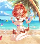  1girl adapted_costume barefoot beach bikini blue_sky breasts celica_(fire_emblem) cleavage cloud day detached_collar fire_emblem fire_emblem_echoes:_shadows_of_valentia flower hair_flower hair_ornament highres long_hair open_mouth outdoors palm_tree red_eyes red_hair sitting sky snowsakurachan solo swimsuit tree twitter_username water 