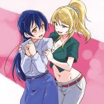  2girls :d ayase_eli bangs belt blonde_hair blue_eyes blue_hair blue_skirt blush breasts cleavage collarbone dress_shirt eyebrows_visible_through_hair floating_hair green_shirt grey_scrunchie hair_between_eyes hair_ornament hair_scrunchie high_ponytail long_hair love_live! love_live!_school_idol_project medium_breasts midriff multiple_girls navel open_mouth pants red_belt scrunchie shiny shiny_hair shirt short_sleeves skirt smile sonoda_umi standing stomach straight_hair urutsu_sahari very_long_hair white_pants white_shirt yellow_eyes 